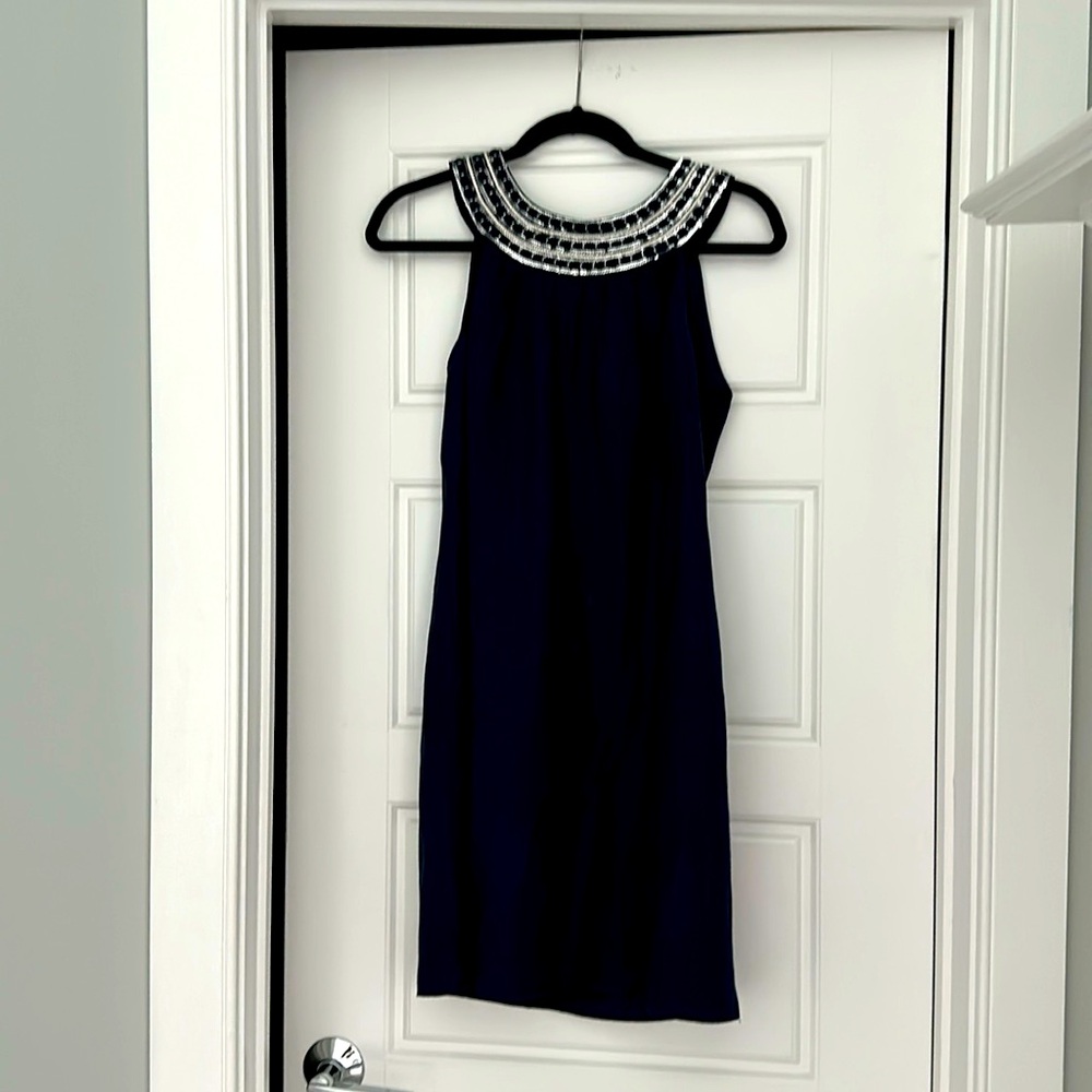 Vineyard vines navy sundress with silver sequins detailing around the neck.